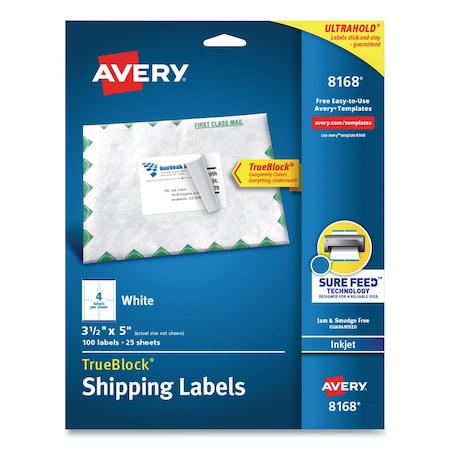Avery Dennison TrueBlock- White Shipping Labels, 4UP, Pk100 8168